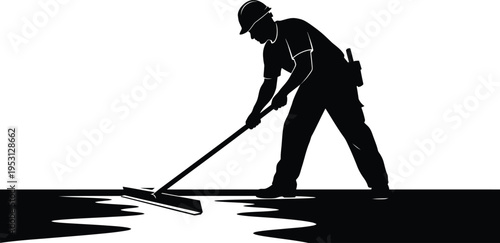 Vector silhouette of a construction worker cleaning with a broom