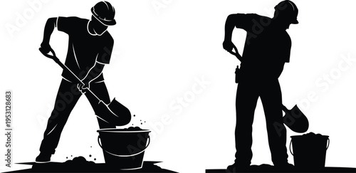 Vector silhouette of construction worker with shovel and bucket