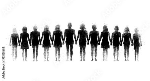 Digital vector graphic featuring a diverse line of women holding hands, symbolizing connection and empowerment.
