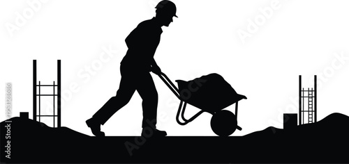 Construction worker vector silhouette pushing wheelbarrow on building site