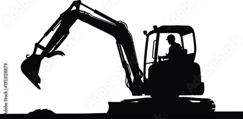 Vector silhouette of construction worker operating mini excavator machine