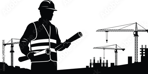 Vector silhouette of construction worker on building site with crane