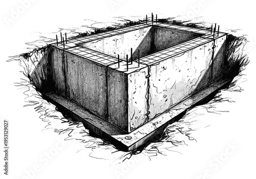 Construction of a concrete foundation with rebar reinforcement in a dug pit