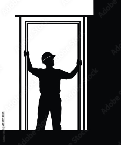 Vector silhouette of a construction worker installing door frame