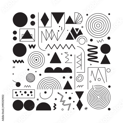 Abstract geometric shapes in black and white circles triangles and lines