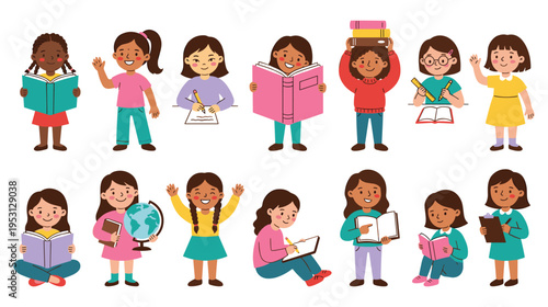 Diverse group of girls reading books and learning
