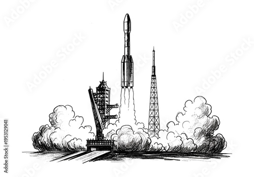 Sketch of a rocket launching from a launchpad with smoke and towers