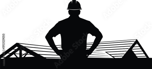 Vector silhouette of construction worker on roof with hard hat