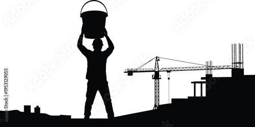 Vector silhouette of construction worker holding bucket on building site