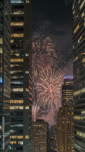 Vibrant Fireworks Between City Skyscrapers at Night Generative AI