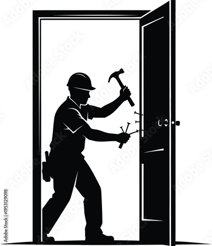 Vector silhouette of construction worker with hammer breaking down door