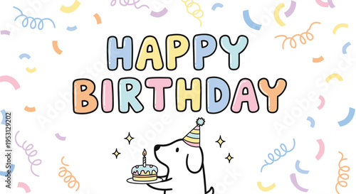 Vector birthday greeting with dog and cake