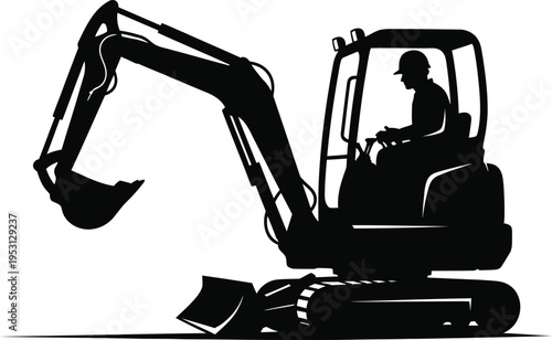 Vector silhouette of construction worker operating mini excavator machine