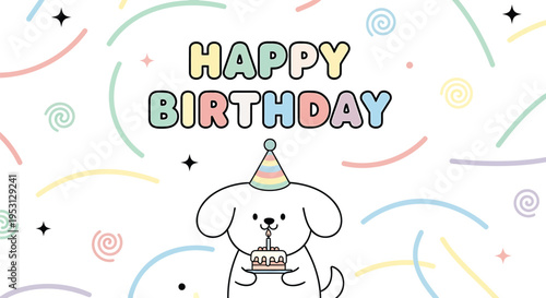 Vector birthday dog illustration with party hat and confetti
