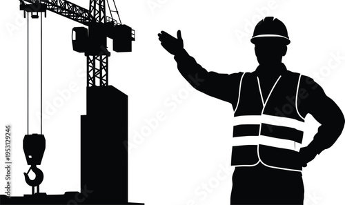 Silhouette of construction worker with vector crane illustration