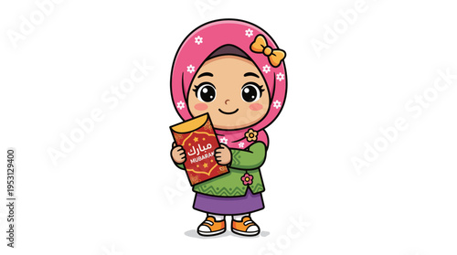 A young girl wearing a pink headscarf happily holds a green snack pack