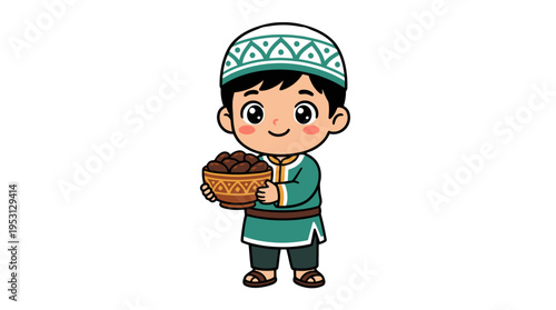 A smiling young boy in traditional attire holds a bowl in a cultural setting.