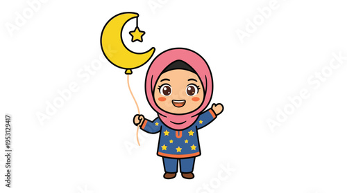 A joyful girl wearing a hijab holds a crescent moon balloon outdoors.