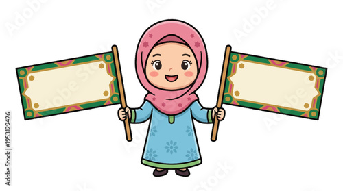 A young girl wearing a pink hijab holds up two colorful signs in a cheerful outdoor setting.