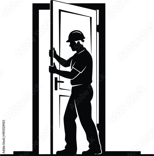 Vector silhouette of construction worker opening door