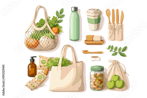 Set icon generation kawaii vector lifestyle image eco items habits simple clean design