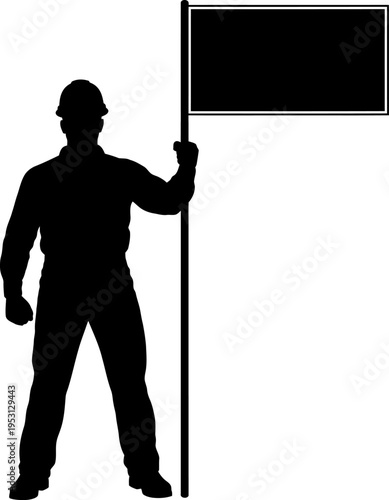 Construction worker silhouette in a hardhat holding a blank flag, ready for custom text or logo, on transparent background