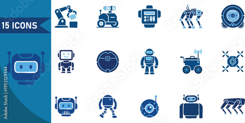 Set of 15 robot icons vector, blue, illustration