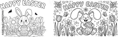 Two coloring pages with cute rabbits and spring flowers for happy easter