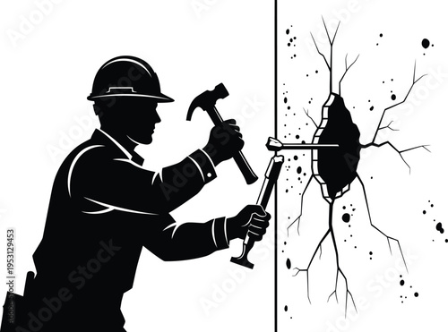 Vector silhouette of a construction worker breaking through a wall with a hammer