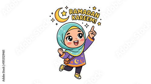 A cartoon girl wearing a hijab points upwards with a joyful expression during Ramadan Kareem celebrations.