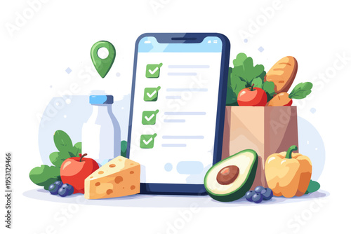 Minimalism app illustration smart shopping grocery vector simple shapes cartoon style icon list