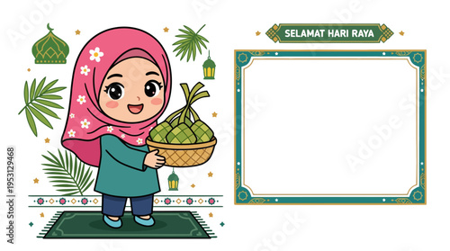 A young girl wearing a pink hijab holds a basket of dates on a green mat with palm leaves around her in a festive Ramadan scene.