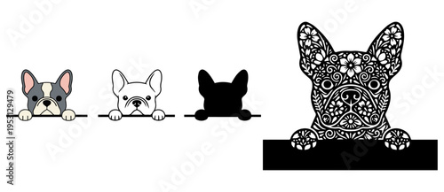 Peeking French Bulldog Vector Bundle: Cute Cartoon, Silhouette, Line Art, and Floral Mandala Dog Illustrations