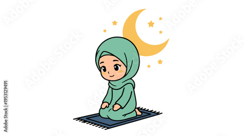 A girl in a green hijab sits on a prayer mat under a crescent moon.