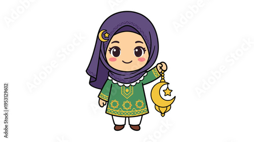 A smiling girl wearing a purple hijab holds a lantern in a festive scene