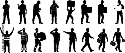 Construction workers and industrial staff silhouettes in various poses and actions