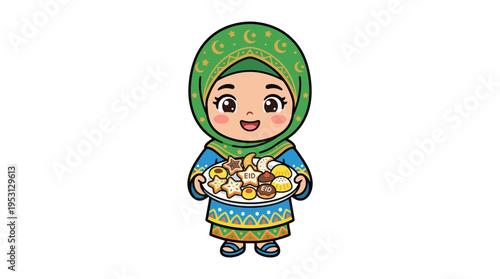 A smiling cartoon girl wearing a green headscarf holds a basket of bread in a traditional outfit indoors.
