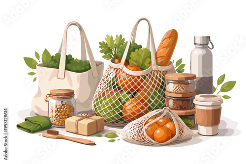 Illustration bags habits eco vector cartoon style sustainable shopping reusable flat design icon