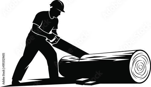 Vector silhouette of a construction worker cutting a log