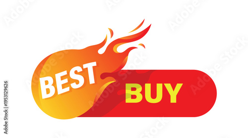 Vibrant best buy promo label with fire flame element for retail marketing and ecommerce value