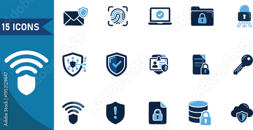 Set of 15 cybersecurity icons vector, blue, shield, lock, wifi symbols