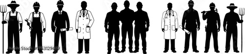 Set of black and white worker silhouettes representing various professions like healthcare construction farming and engineering