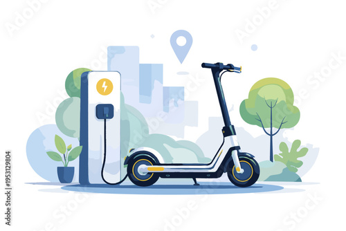 Clean design electric urban bold outline icon scooter image system simple cute illustration mobility generation
