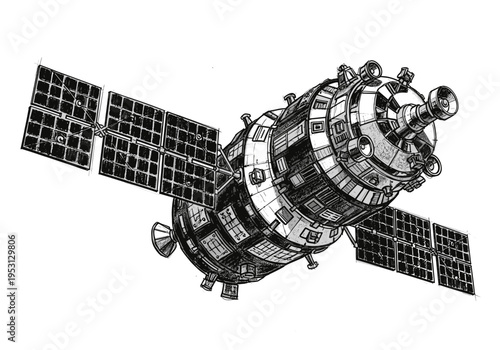Detailed illustration of a complex satellite with solar panels in outer space