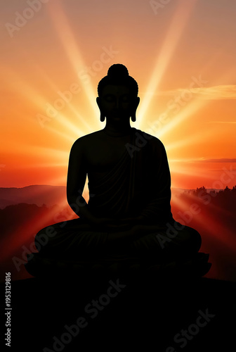 Silhouette of buddha against sunset light rays for buddha purnima and mahvir jayanti meditation background and spiritual awakening and peace and religious worship and design