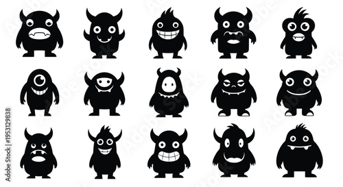 Playful collection of black and white cartoon monsters in various expressive poses