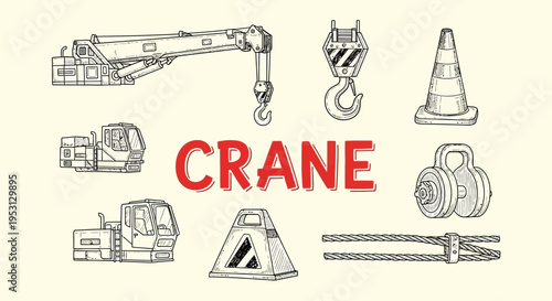 Construction Crane and Industrial Equipment Icons.