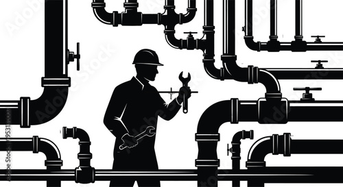 Vector silhouette of a construction worker with pipes and tools