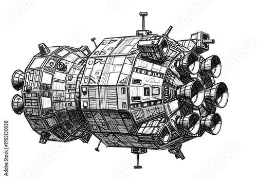 Detailed sketch of a complex, multi-engine spacecraft with a modular design and numerous windows
