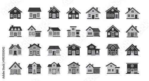 Diverse architectural styles of single-family houses in black and white silhouette format
